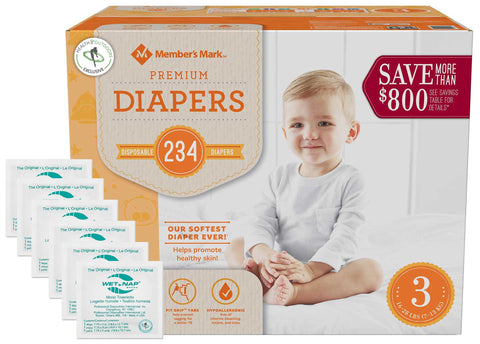 Member's Mark Premium Baby Diapers with HealthandOutdoors Moist Towelettes (Size 3 - 234 Count)