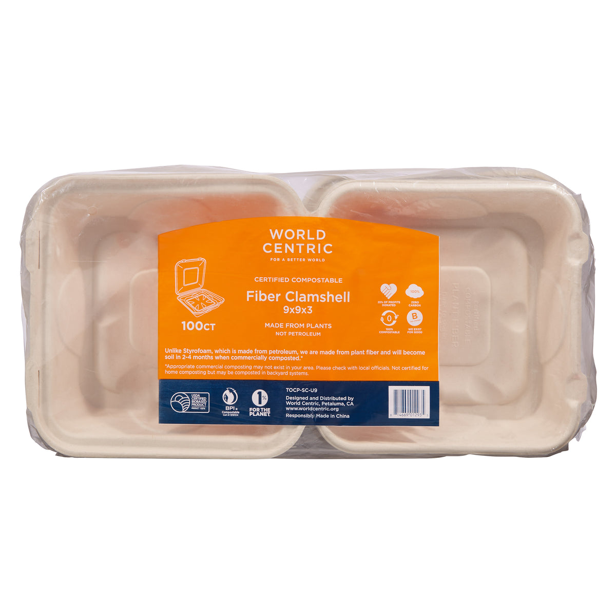 World Centric Compostable Fiber Clamshell Tray, 9" x 9", Kraft, 100 ct - product image 4