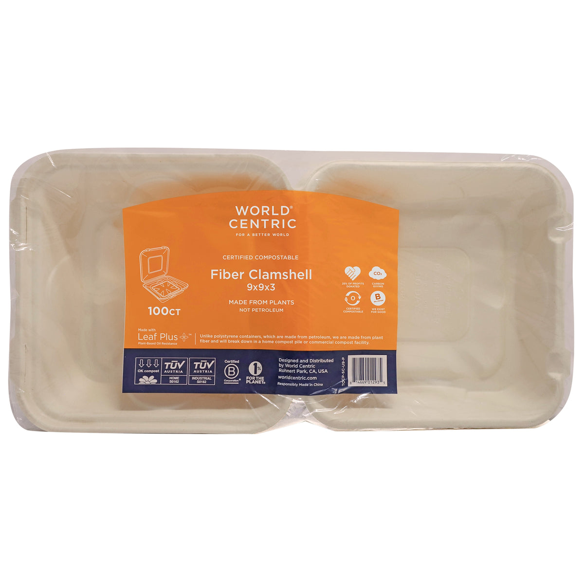 World Centric Compostable Fiber Clamshell Tray, 9" x 9", Kraft, 100 ct - product image 2
