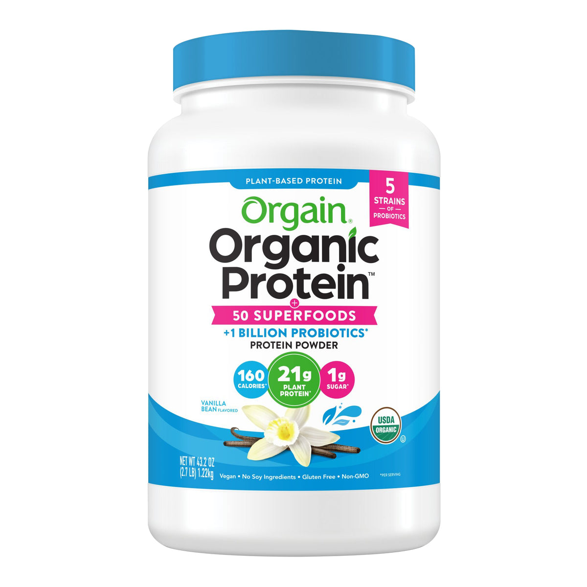 Orgain Organic Protein + 50 Superfoods Plant Based Protein Powder, 21g Protein, Vanilla Bean, 2.7 lbs - product image 1