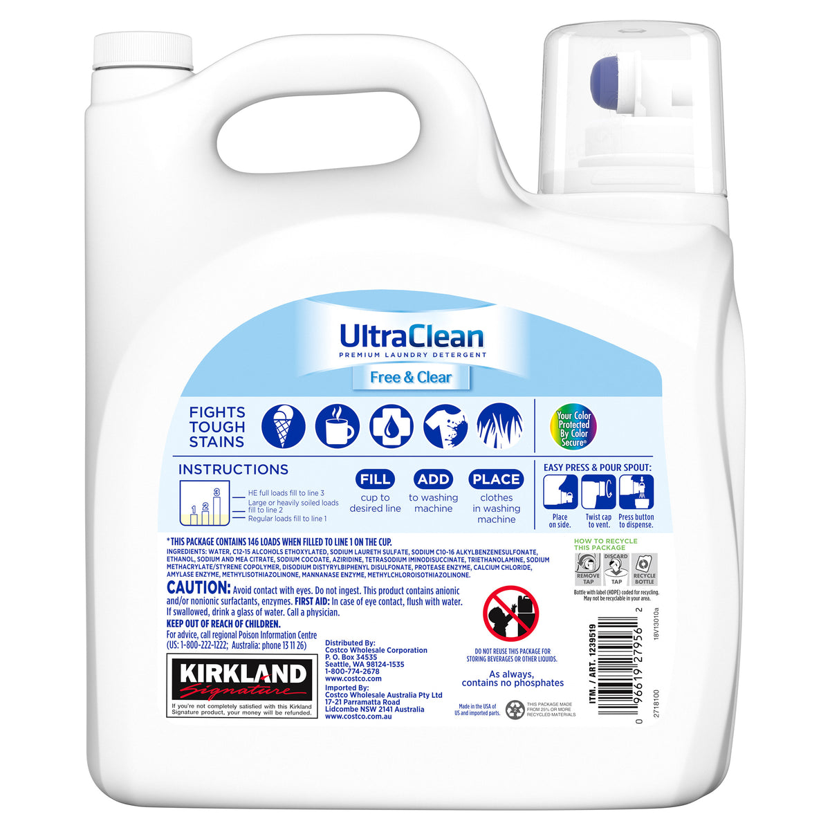 Kirkland Signature Liquid Laundry Detergent, Ultra Clean Free and Clear, HE Compatible, Unscented, 146 Loads, 194 fl oz - product image 4