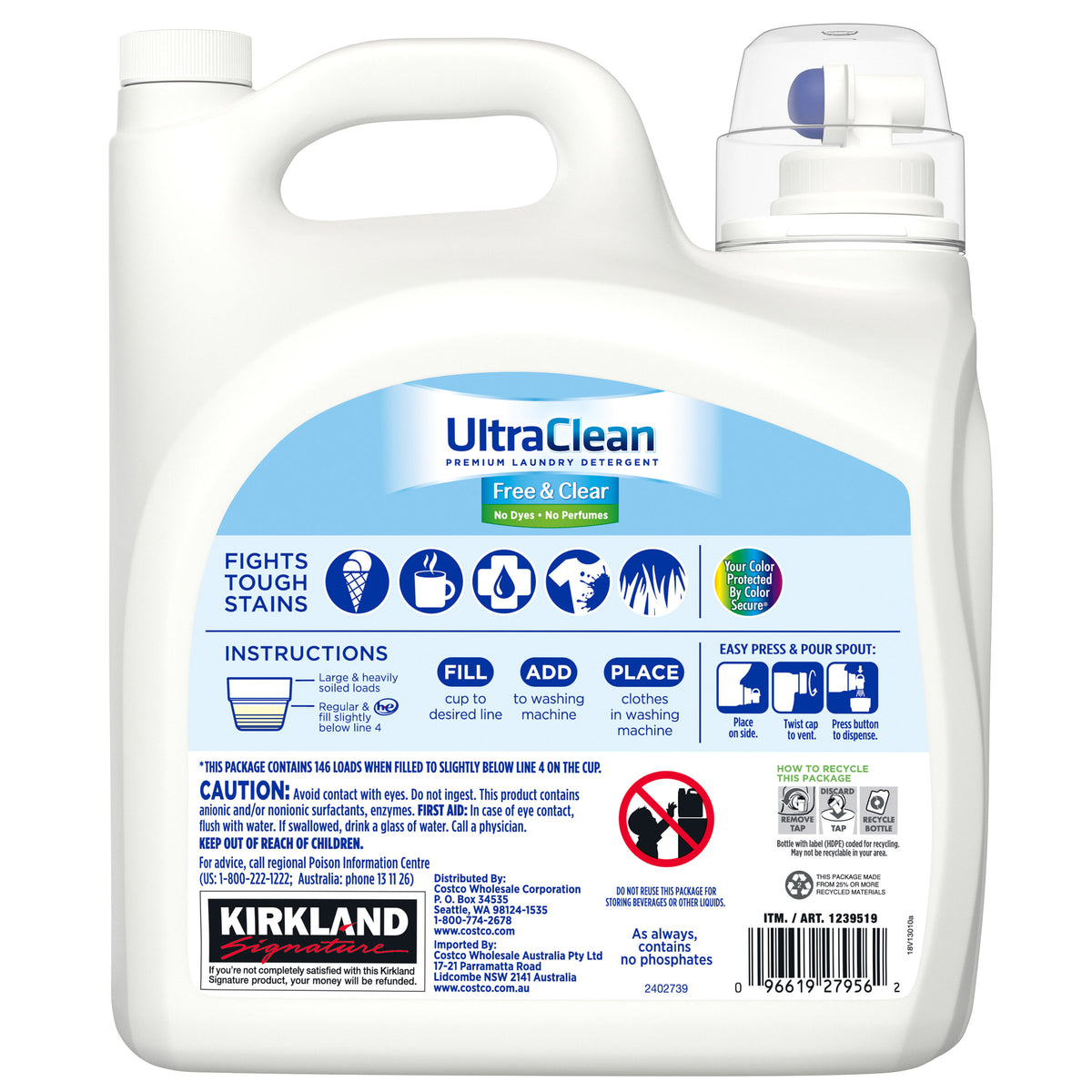 Kirkland Signature Liquid Laundry Detergent, Ultra Clean Free and Clear, HE Compatible, Unscented, 146 Loads, 194 fl oz - product image 6