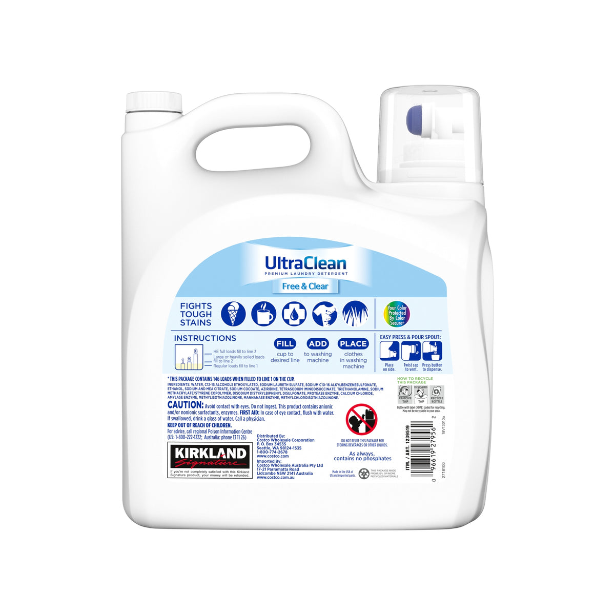Kirkland Signature Liquid Laundry Detergent, Ultra Clean Free and Clear, HE Compatible, Unscented, 146 Loads, 194 fl oz - product image 2