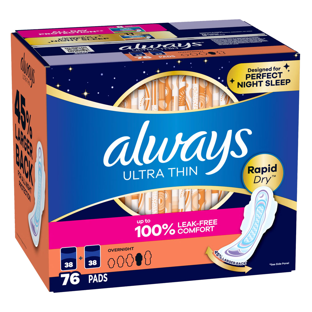 Always Ultra Thin Overnight Pads with Wings, Unscented,  76 ct - image 1