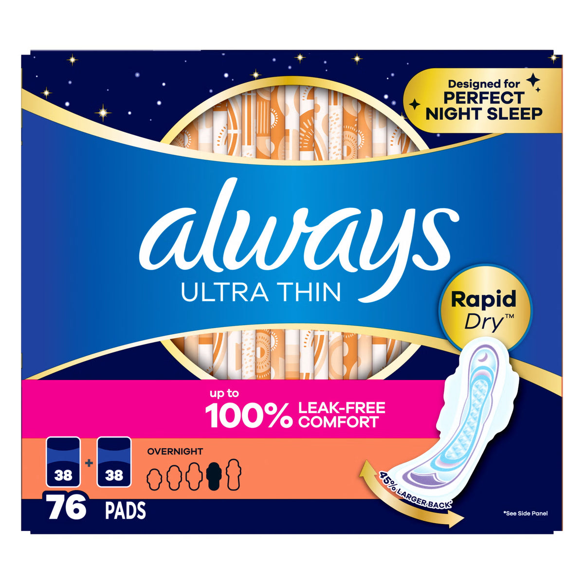 Always Ultra Thin Overnight Pads with Wings, Unscented,  76 ct - image 2