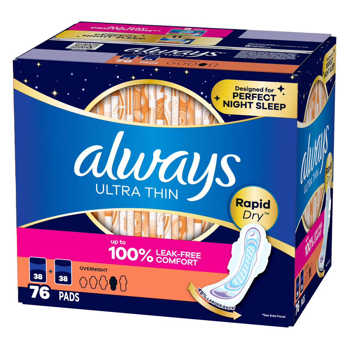 Always Ultra Thin Overnight Pads with Wings, Unscented,  76 ct - image 3