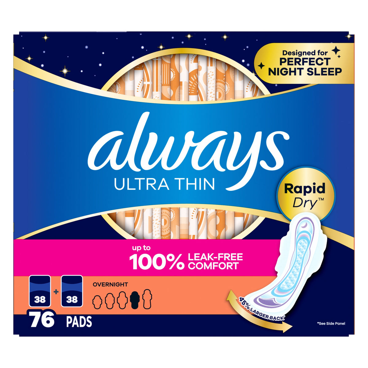Always Ultra Thin Overnight Pads with Wings, Unscented,  76 ct - product image 2