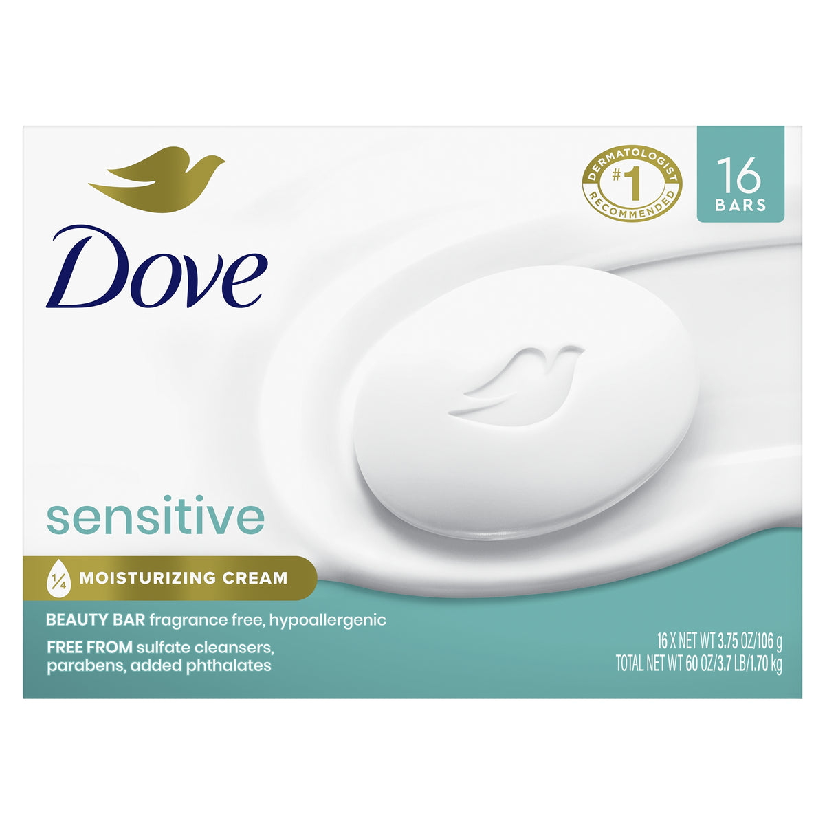 Dove Sensitive Skin Beauty Bar Soap, Hypo-Allergenic, 3.75 oz, 16 ct - product image 1