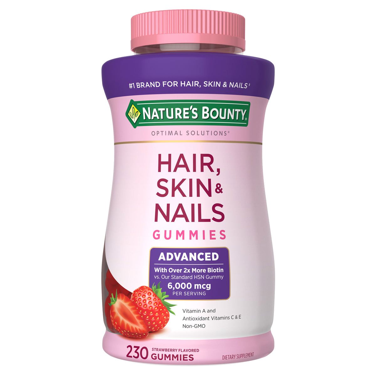 Nature's Bounty Hair, Skin and Nails Advanced Gummies, Strawberry, 6000 mcg, 230 ct - product image 2