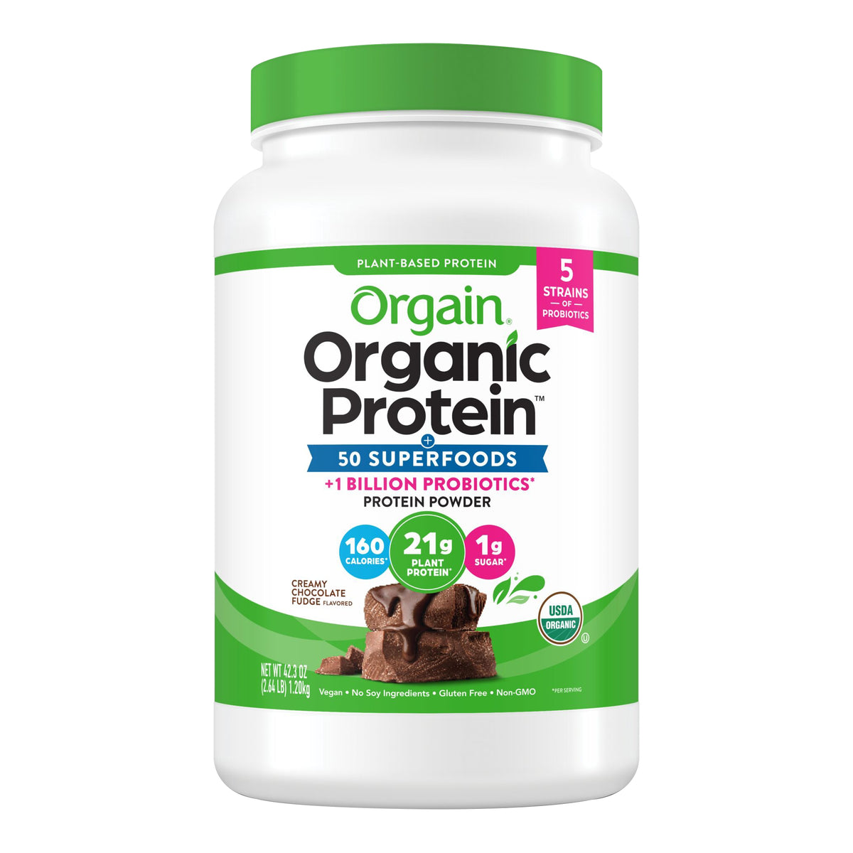 Orgain Organic Protein + 50 Superfoods Plant Based Protein Powder, 21g Protein, Creamy Chocolate Fudge, 2.64 lbs - product image 1