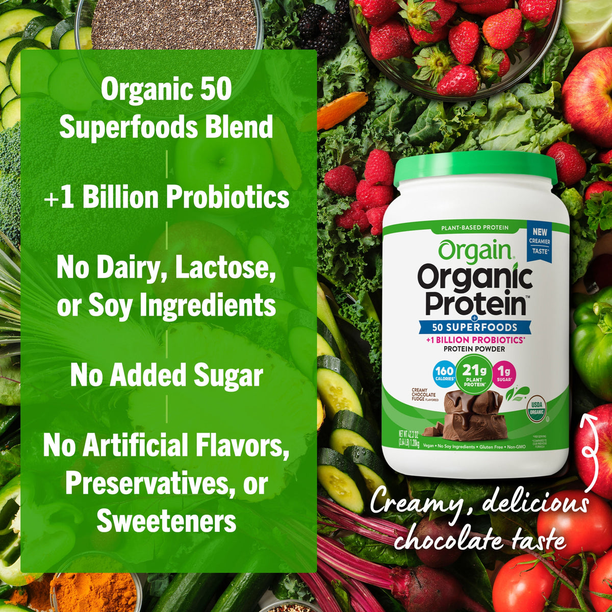 Orgain Organic Protein + 50 Superfoods Plant Based Protein Powder, 21g Protein, Creamy Chocolate Fudge, 2.64 lbs - product image 6