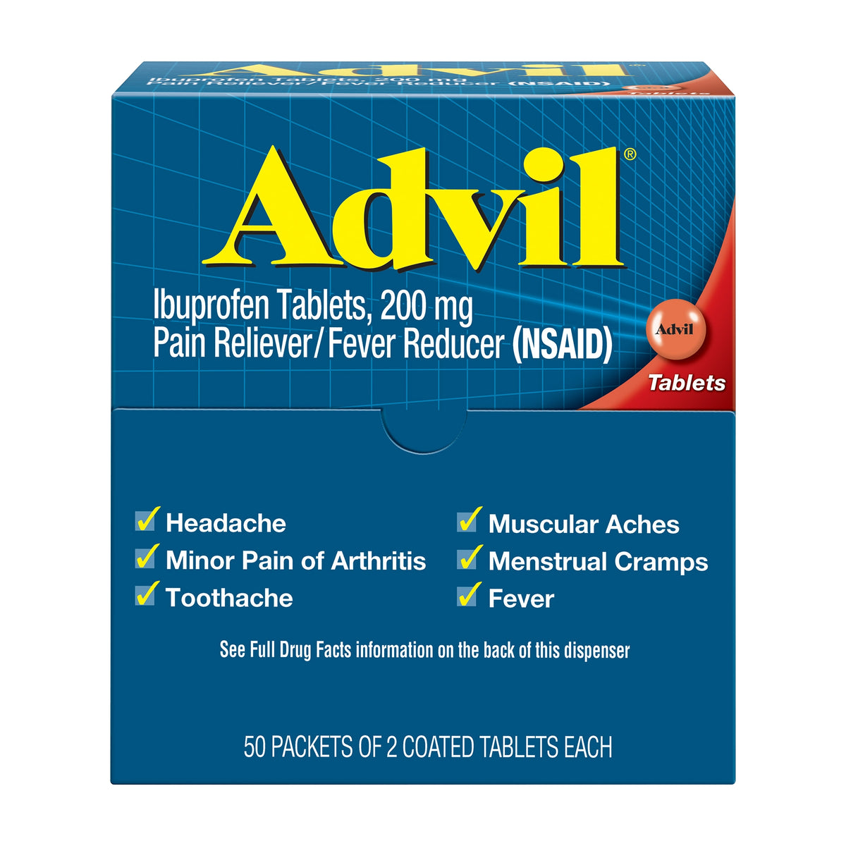 Advil Ibuprofen, Dispenser Pack, 200mg, 2 Tablets, 50 ct - product image 1