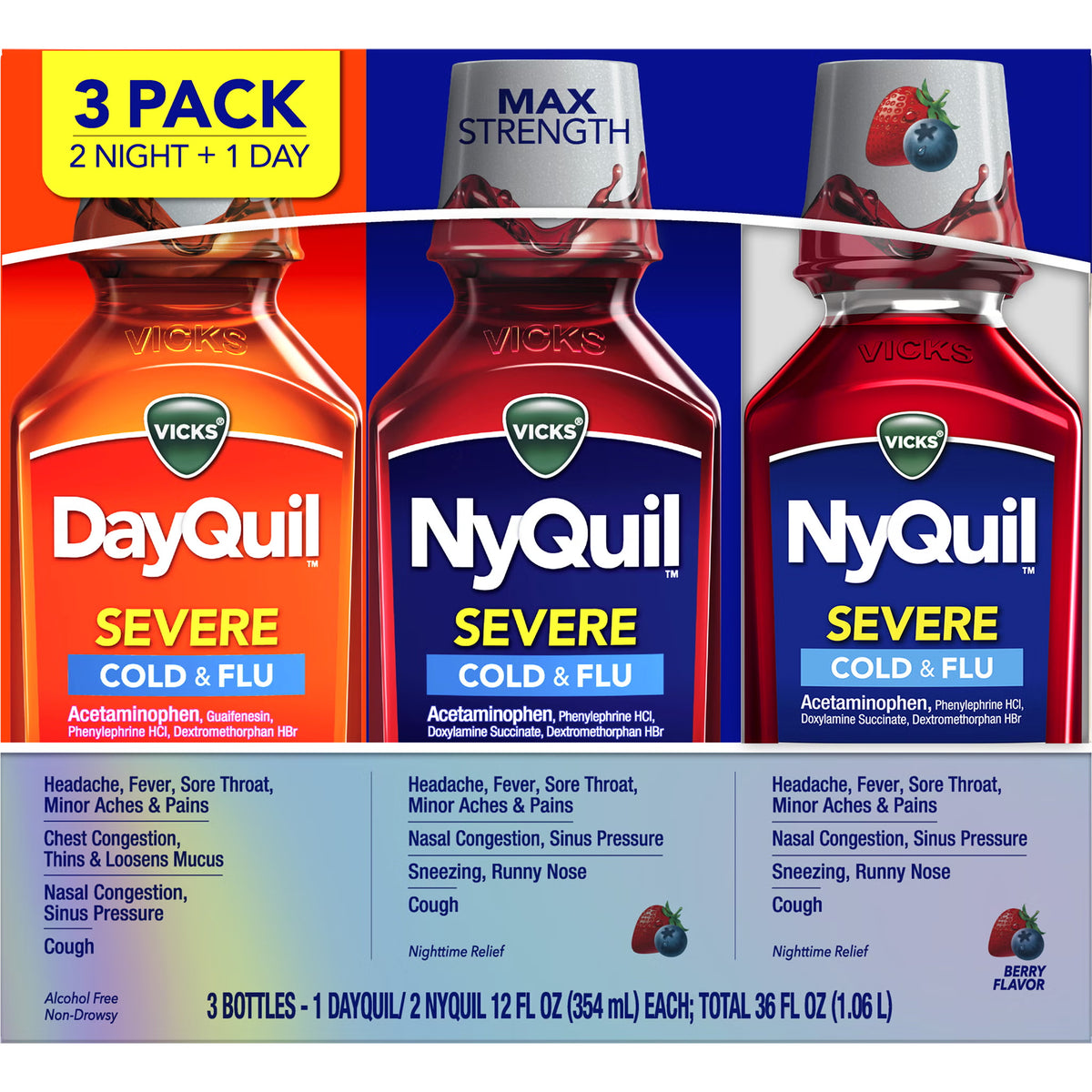 Vicks DayQuil and NyQuil Severe Cold & Flu Liquid, Berry, 12 fl oz, 3 ct - image 1