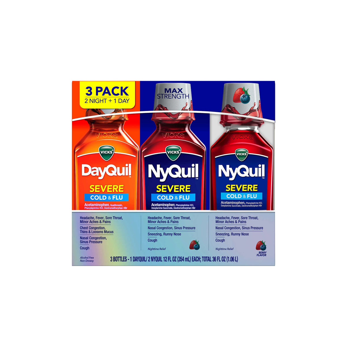 Vicks DayQuil and NyQuil Severe Cold & Flu Liquid, Berry, 12 fl oz, 3 ct - product image 5