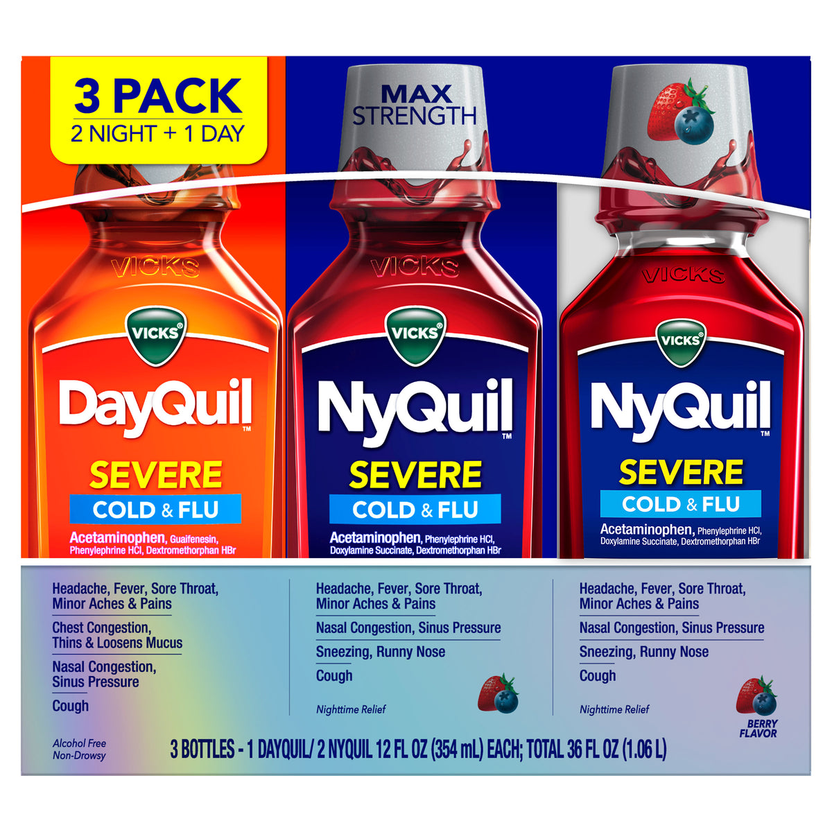 Vicks DayQuil and NyQuil Severe Cold & Flu Liquid, Berry, 12 fl oz, 3 ct - product image 3