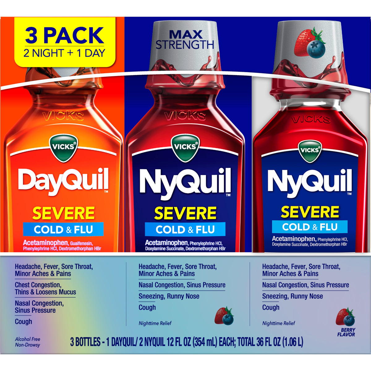 Vicks DayQuil and NyQuil Severe Cold & Flu Liquid, Berry, 12 fl oz, 3 ct - product image 1
