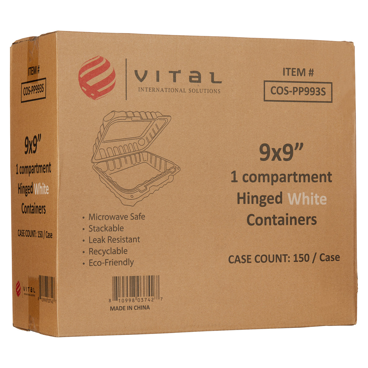 Vital International Solutions Single Compartment Hinged Container, 9" x 9", White, 150 ct - product image 2