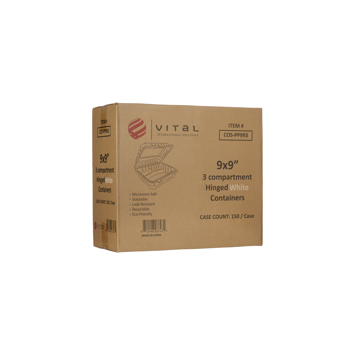 Vital International Solutions 3-Compartment Hinged Container, 9" x 9", 150 ct - product image 2