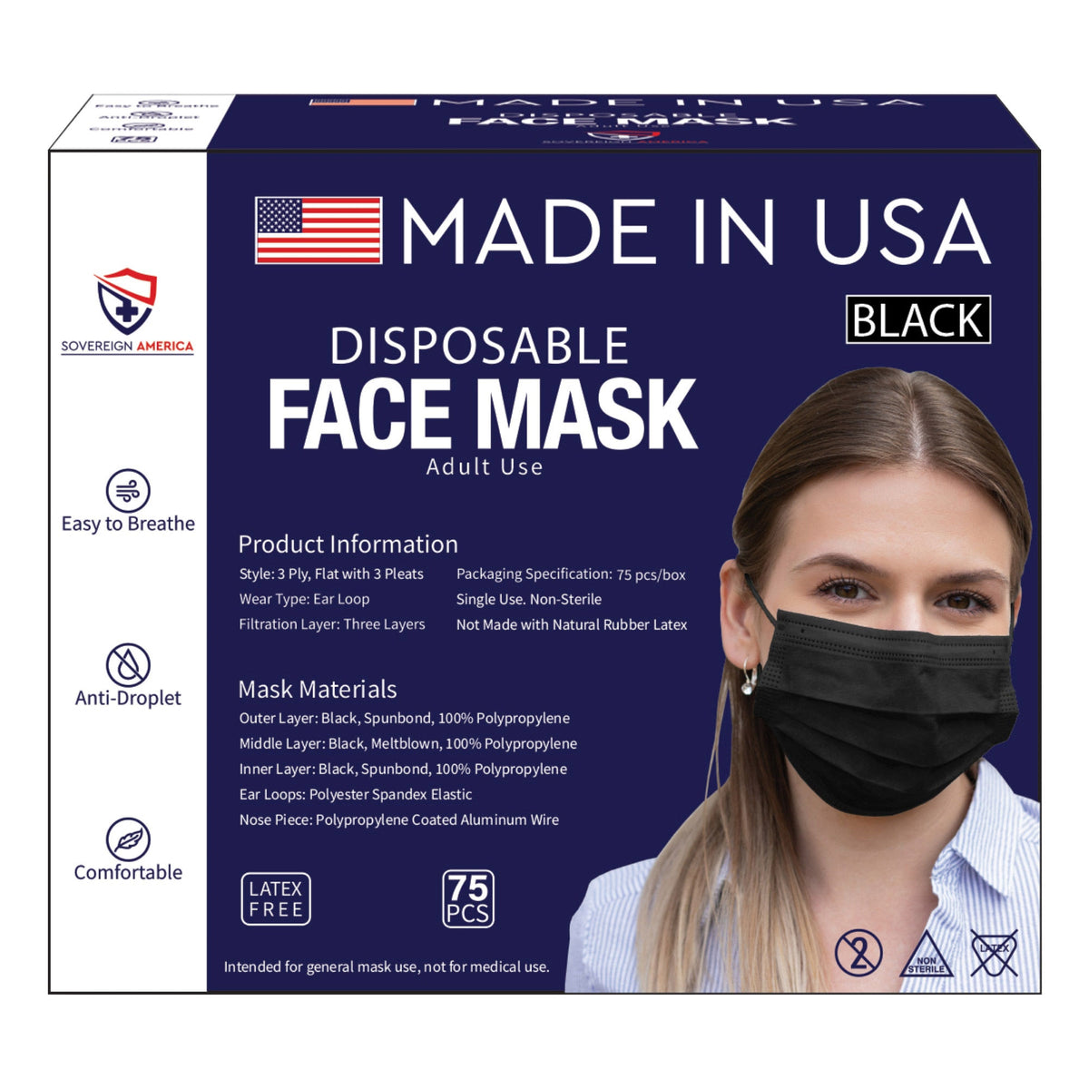 Sovereign America Disposable Face Mask, Adult Use, Black, 75 ct - product image 7
