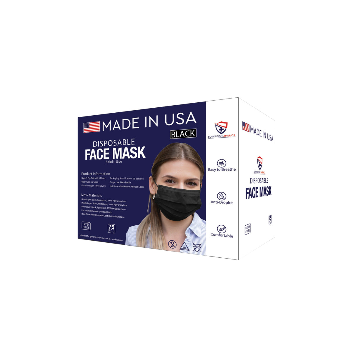 Sovereign America Disposable Face Mask, Adult Use, Black, 75 ct - product image 1