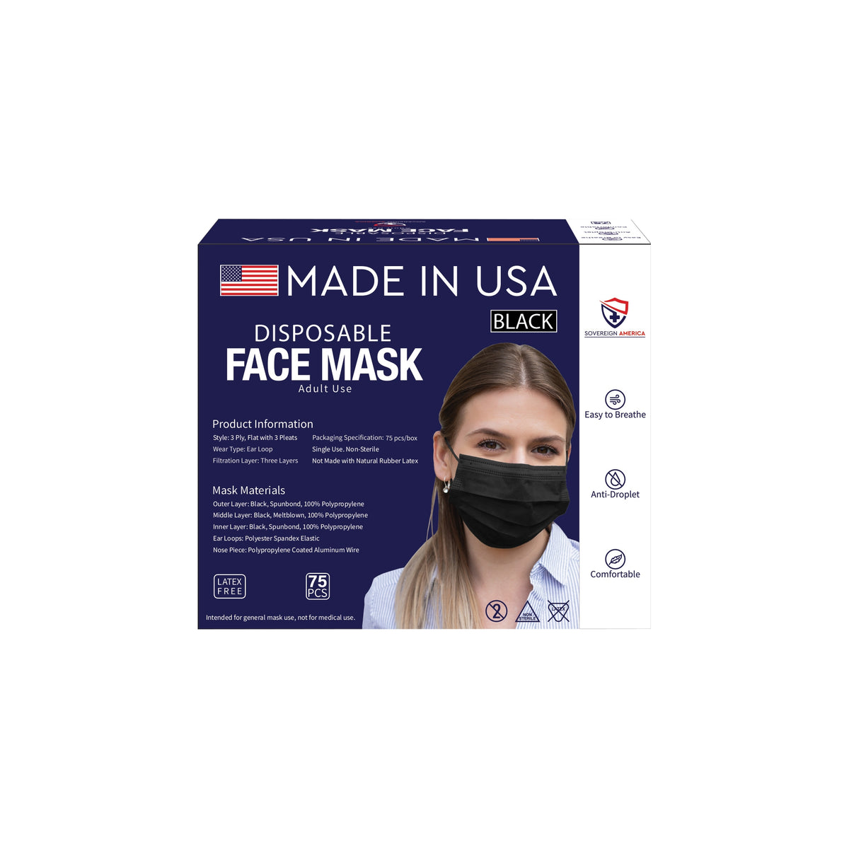 Sovereign America Disposable Face Mask, Adult Use, Black, 75 ct - product image 4