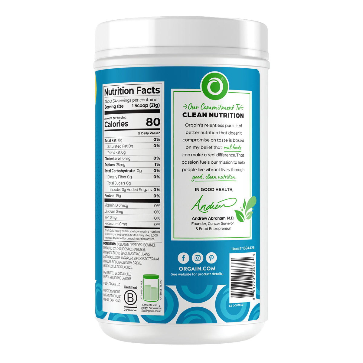 Orgain Collagen Peptides with Probiotics, Unflavored, 25.6 oz - product image 6