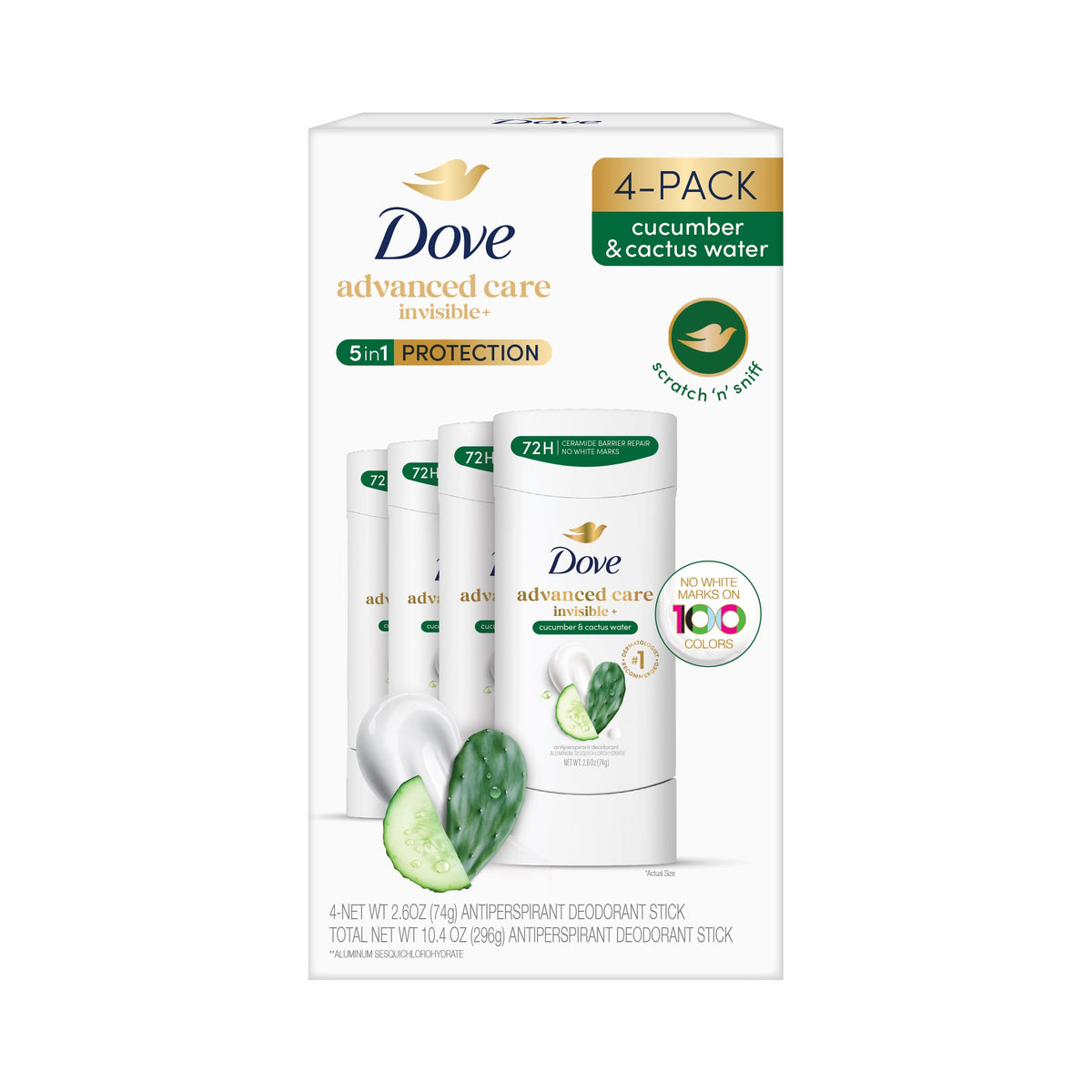 Dove Advanced Care Invisible+ Antiperspirant Deodorant Stick, Cucumber & Cactus Water, 2.6 oz, 4 ct - product image 4