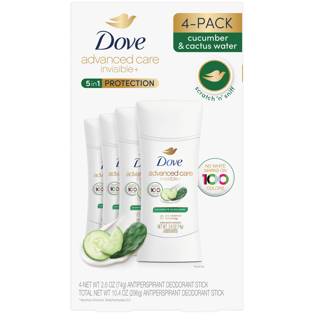 Dove Advanced Care Invisible+ Antiperspirant Deodorant Stick, Cucumber & Cactus Water, 2.6 oz, 4 ct - product image 1