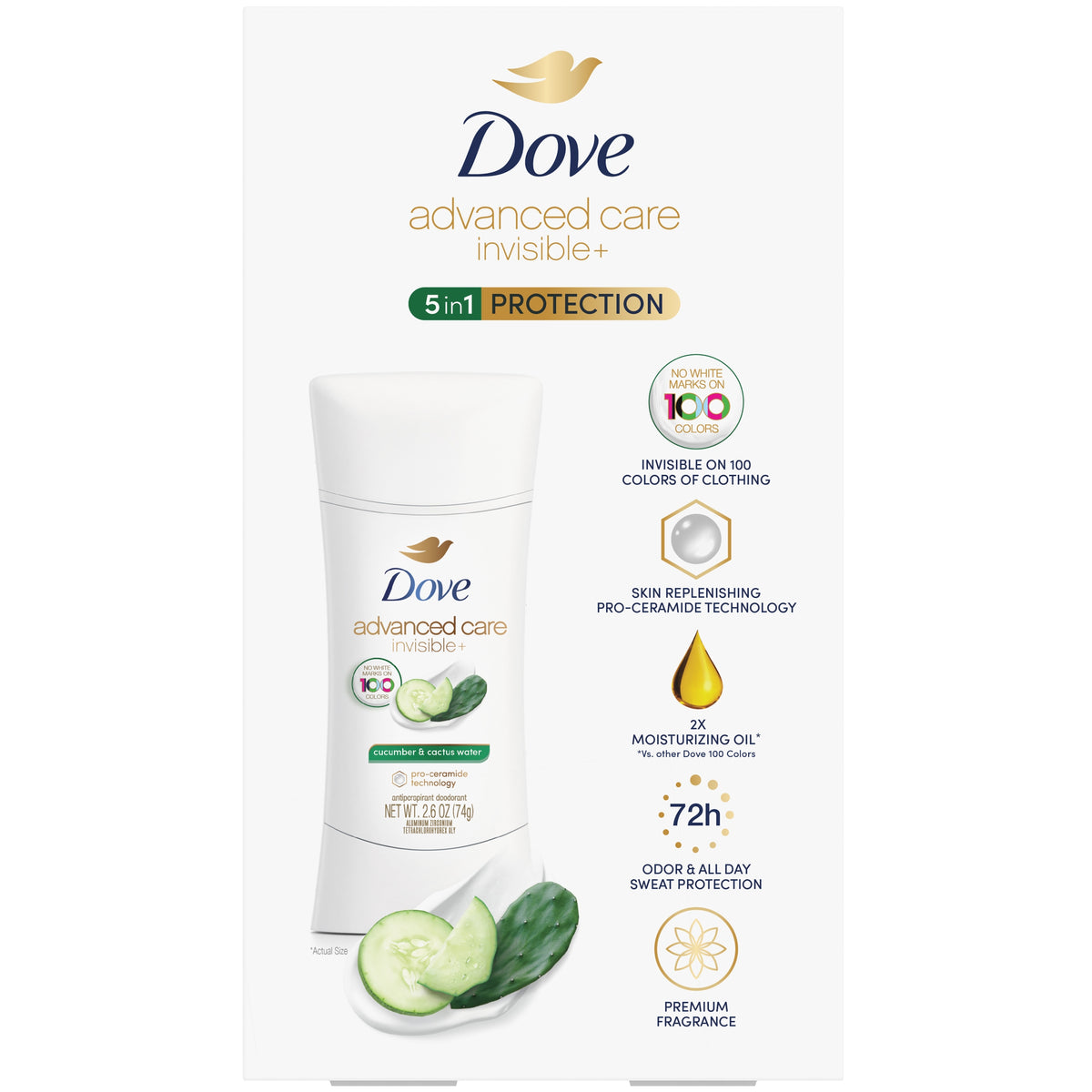 Dove Advanced Care Invisible+ Antiperspirant Deodorant Stick, Cucumber & Cactus Water, 2.6 oz, 4 ct - product image 3