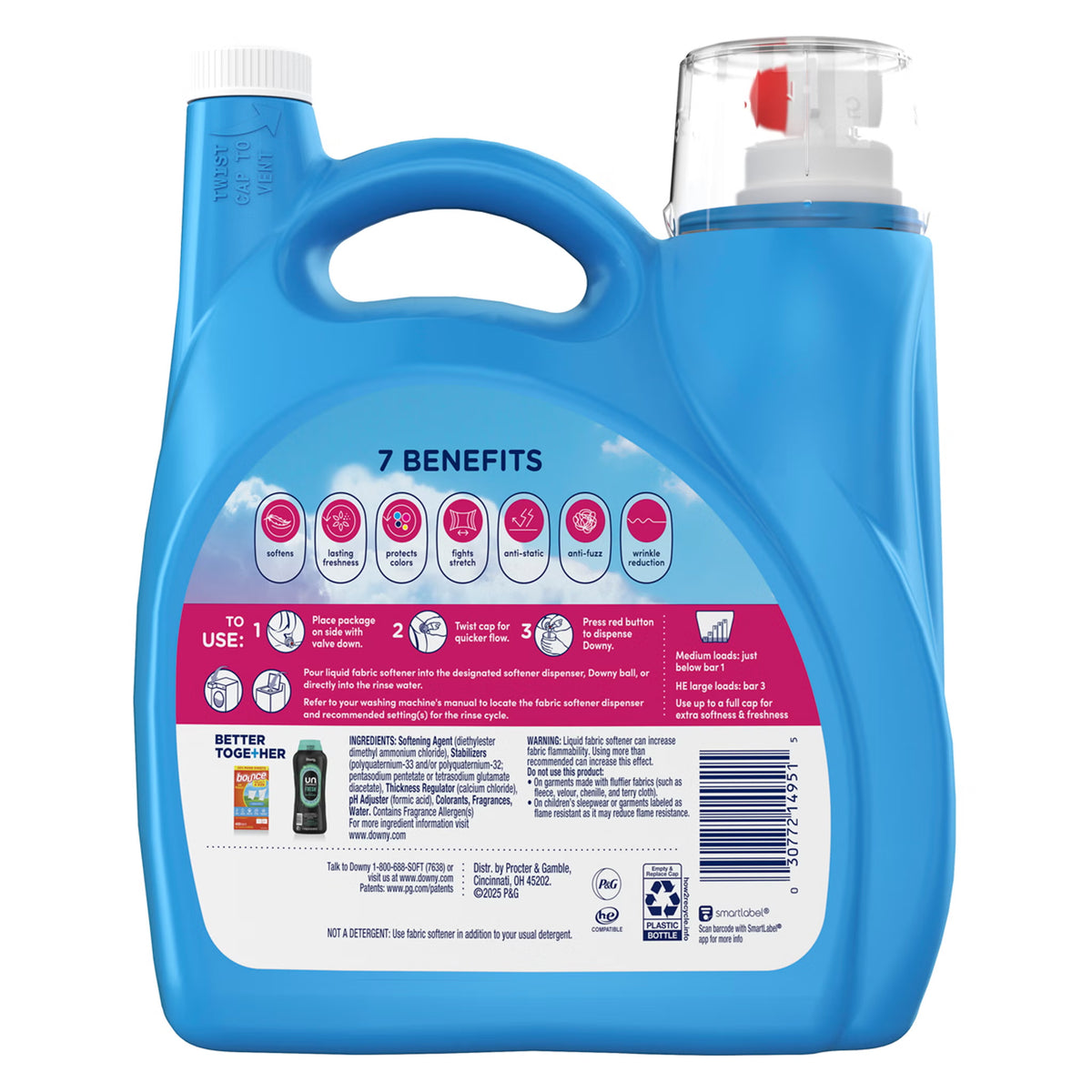 Downy 2-in-1 Liquid Fabric Softener, HE Compatible, April Fresh Scent, 257 Loads, 150 fl oz - image 2