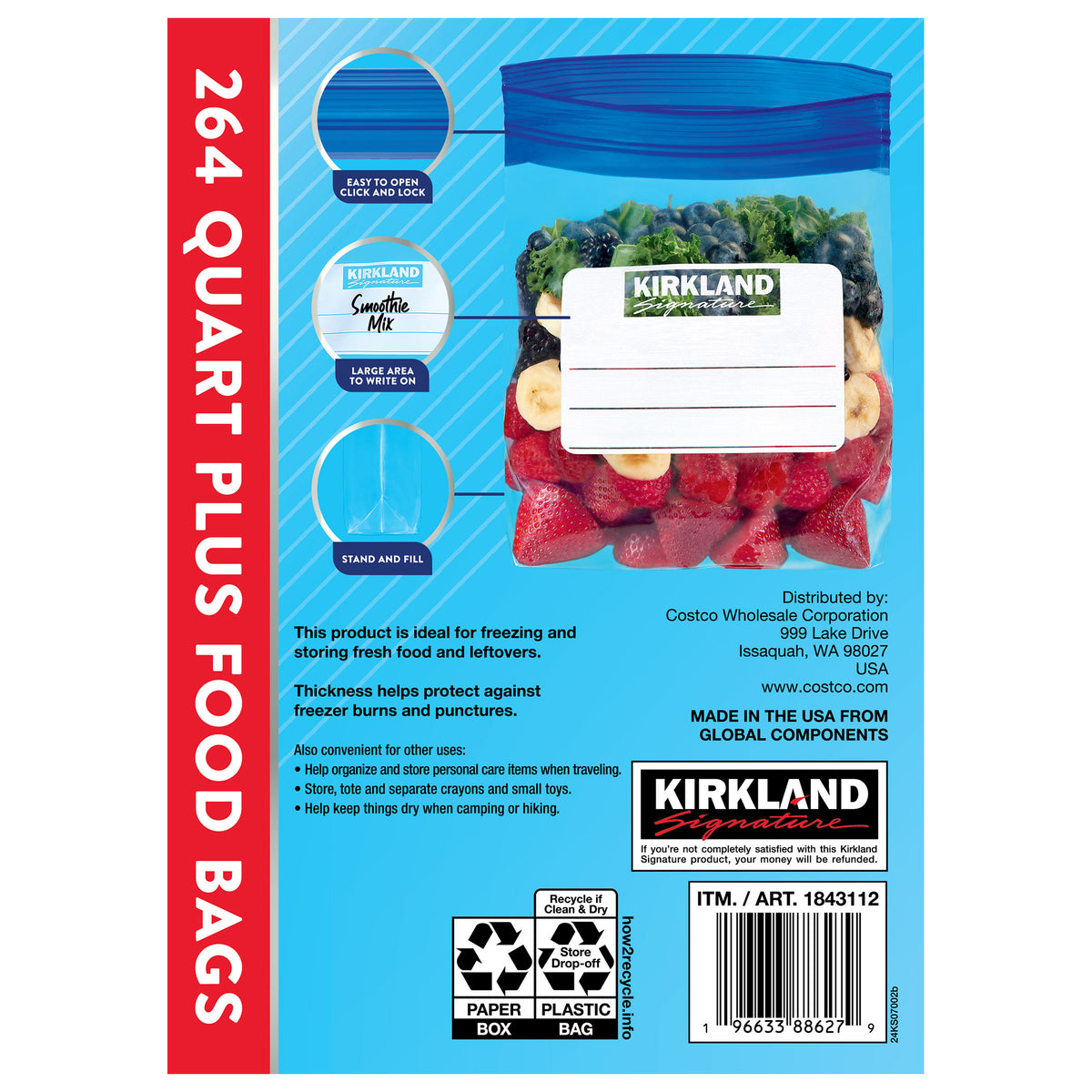 Kirkland Signature Freezer Quart Plus Bags, Double Zipper, 264 ct - product image 2