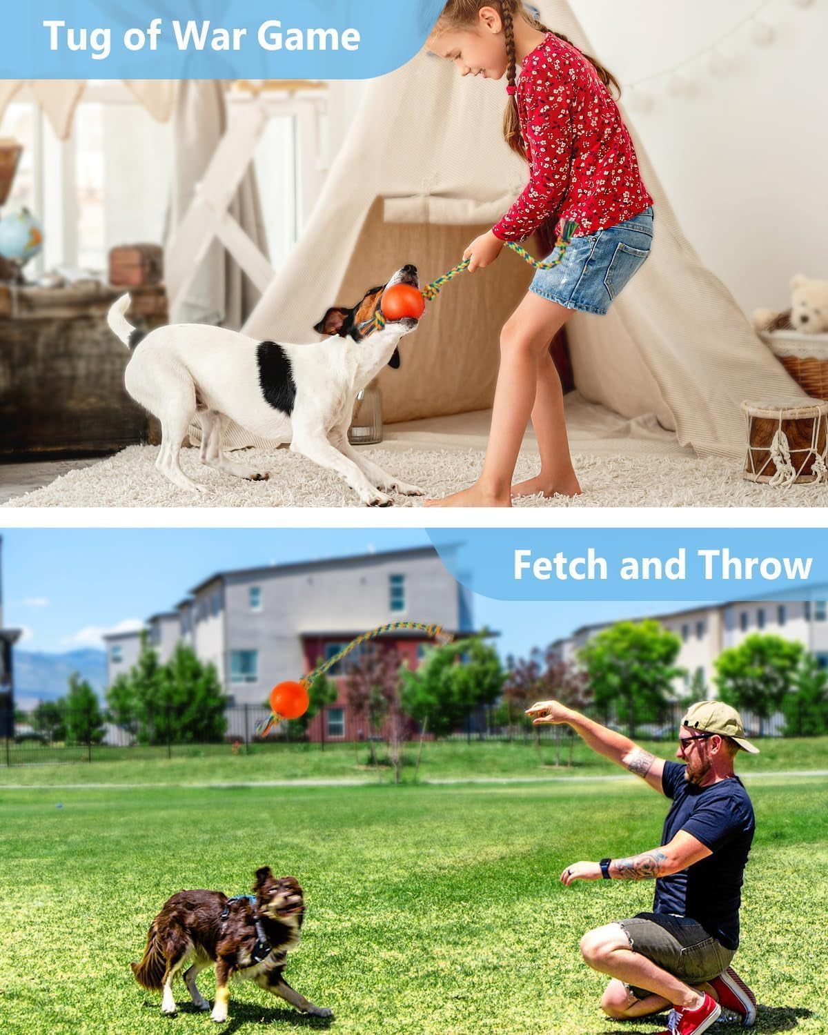 Rope Chew Toy, 2 Pack, Dog Chew Toy, Tough Rope with Ball Active Play (Colors May Vary)