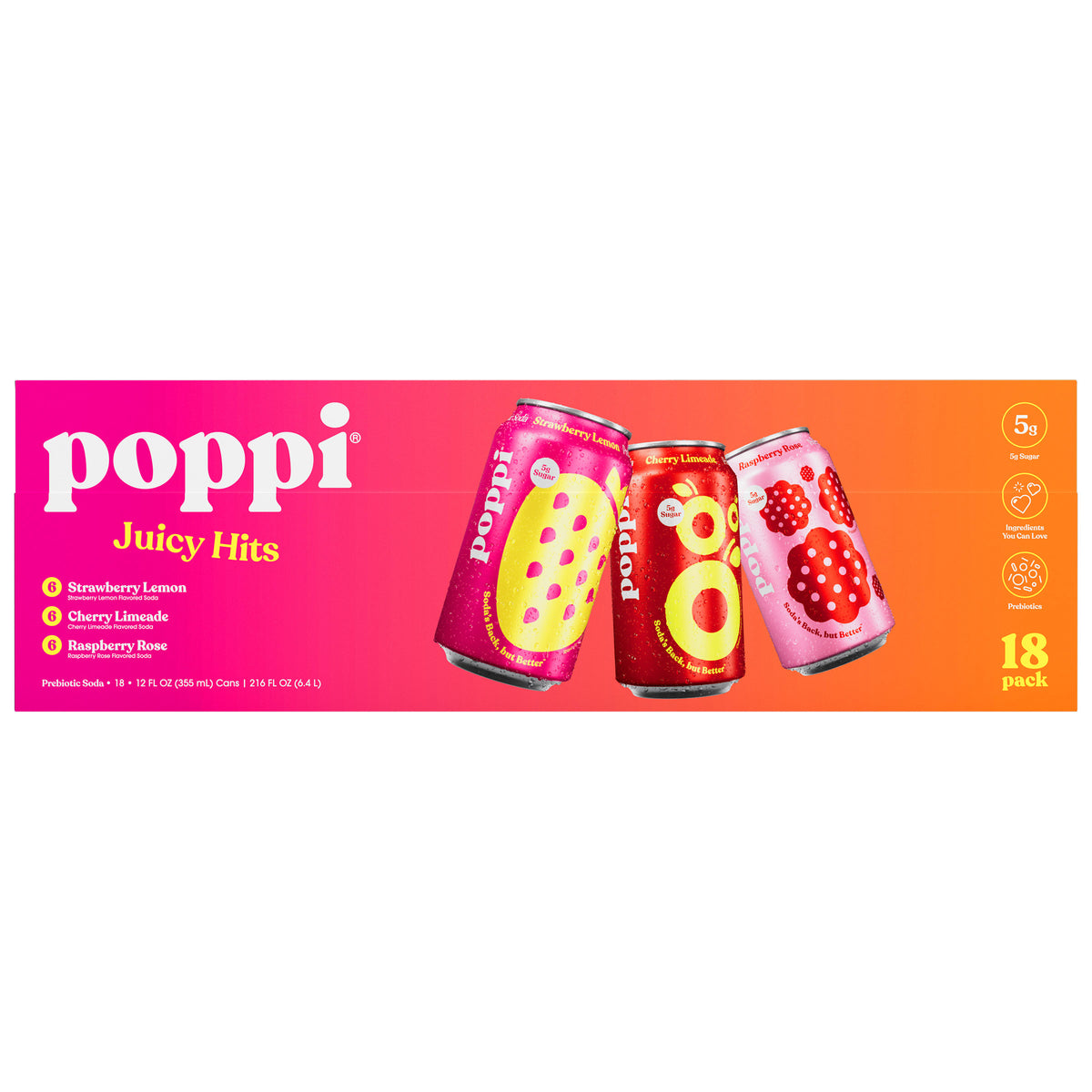 poppi Prebiotic Soda, Juicy Hits Variety Pack, 12 fl oz, 18 ct - product image 2