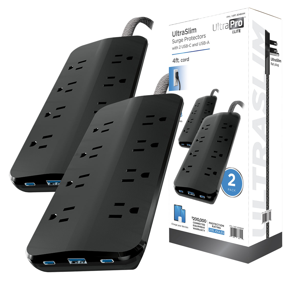 Jasco UltraPro Elite UltraSlim 8-Outlet USB Surge Protector, 4 ft, 2 ct - product image 1