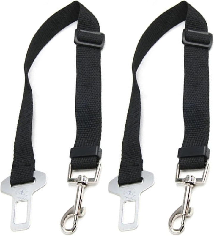 Two black adjustable dog car-tether attachments with buckle tongues and swivel snap hooks