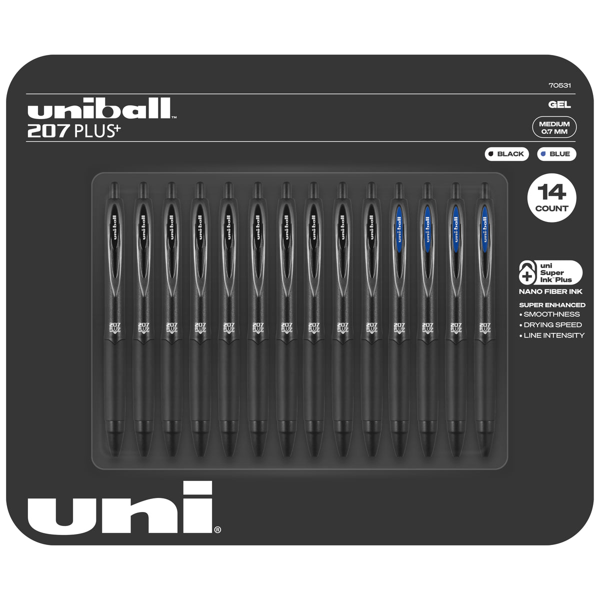 uniball 207 PLUS+ Retractable Gel Pen, Medium Point 0.7mm, Assorted Ink Colors, 14 ct - product image 1