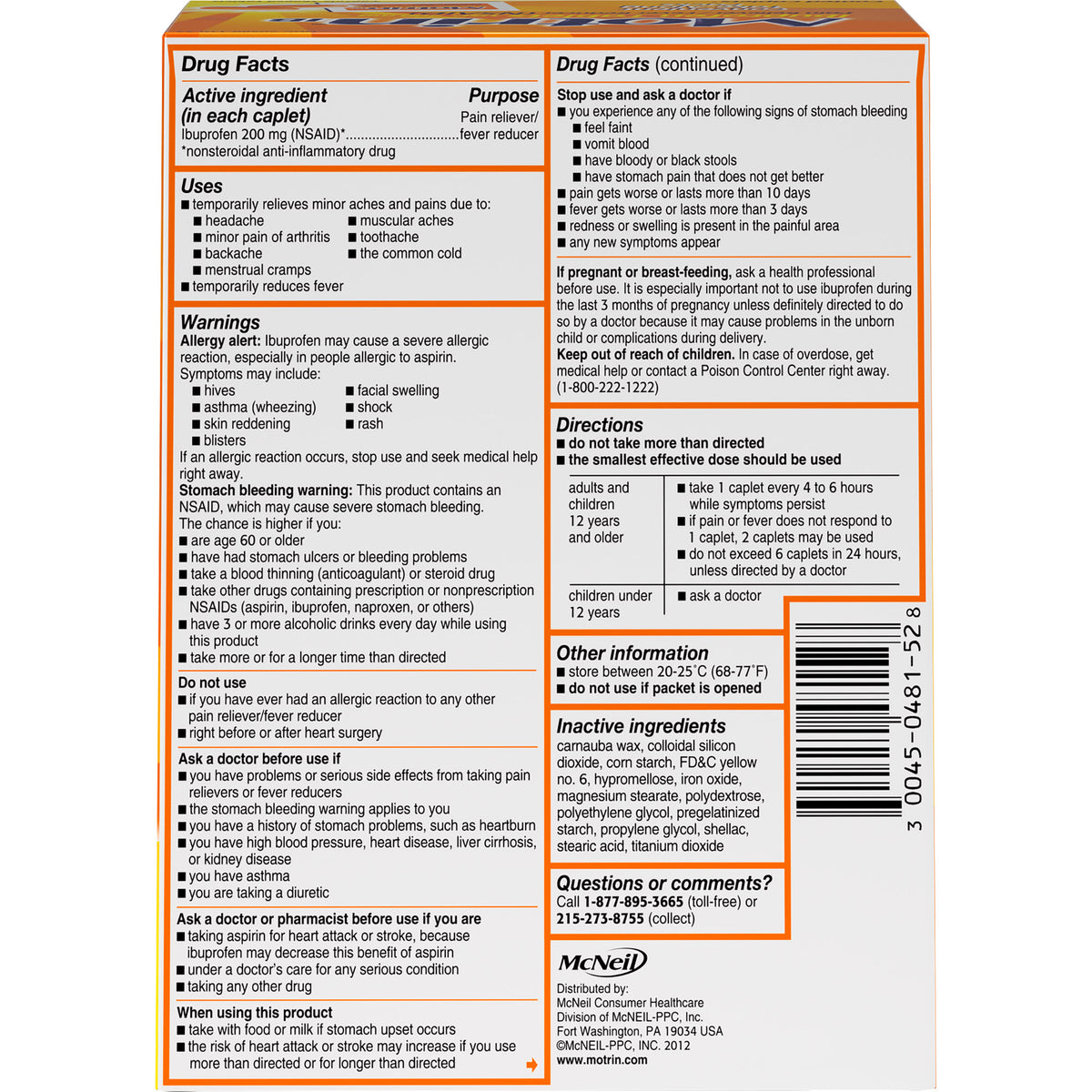 Motrin Ibuprofen, Dispenser Pack, 200 mg, 2 Caplets, 50 ct - product image 3