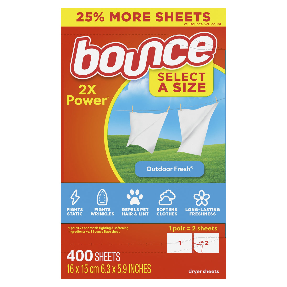 Bounce Fabric Softener Dryer Sheets, Select-a-Size, Outdoor Fresh Scent, 400 ct - product image 1