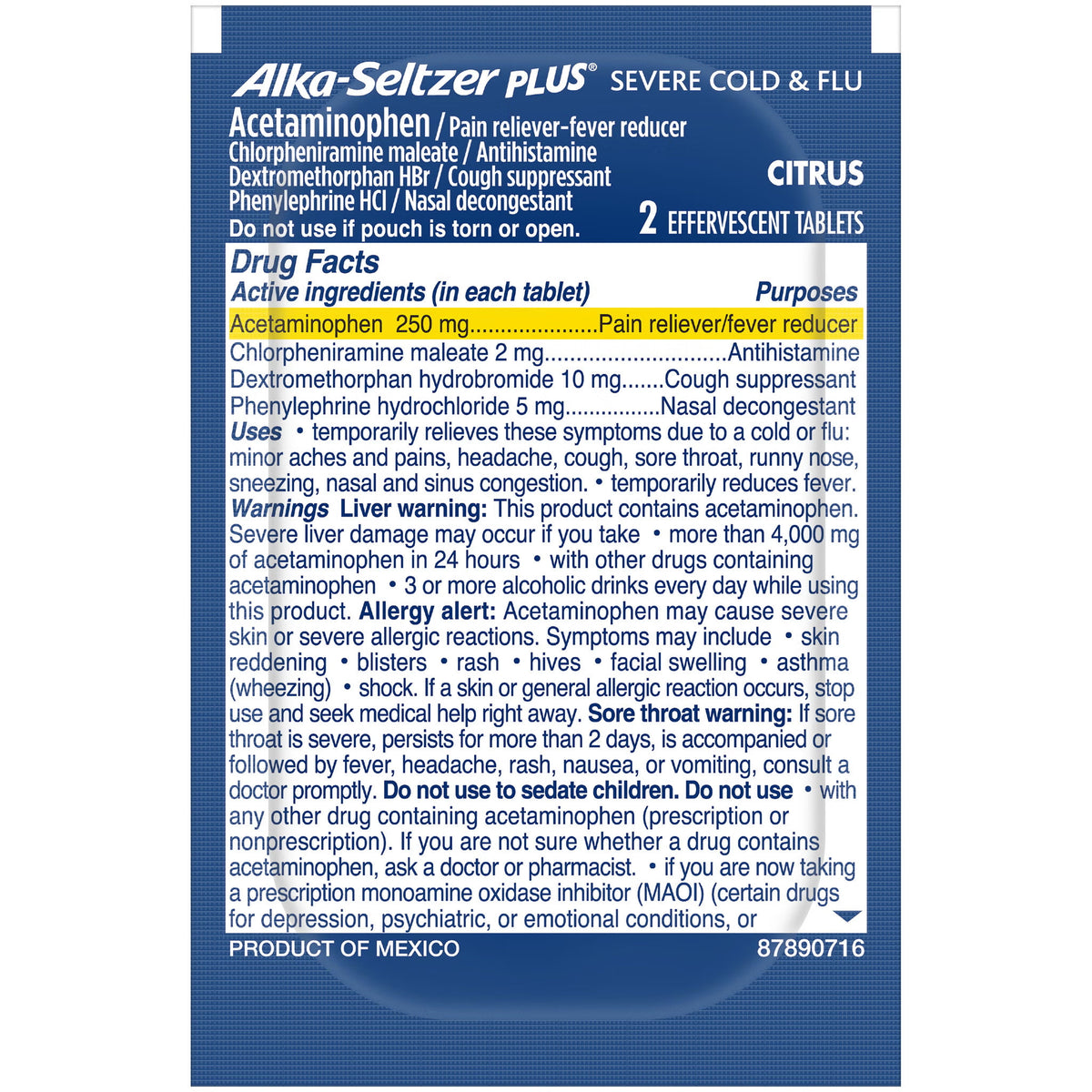 Alka-Seltzer Plus Severe Cold & Flu PowerFast Fizz, Citrus, 2 Tablets per Pouch, 36 ct - image 4