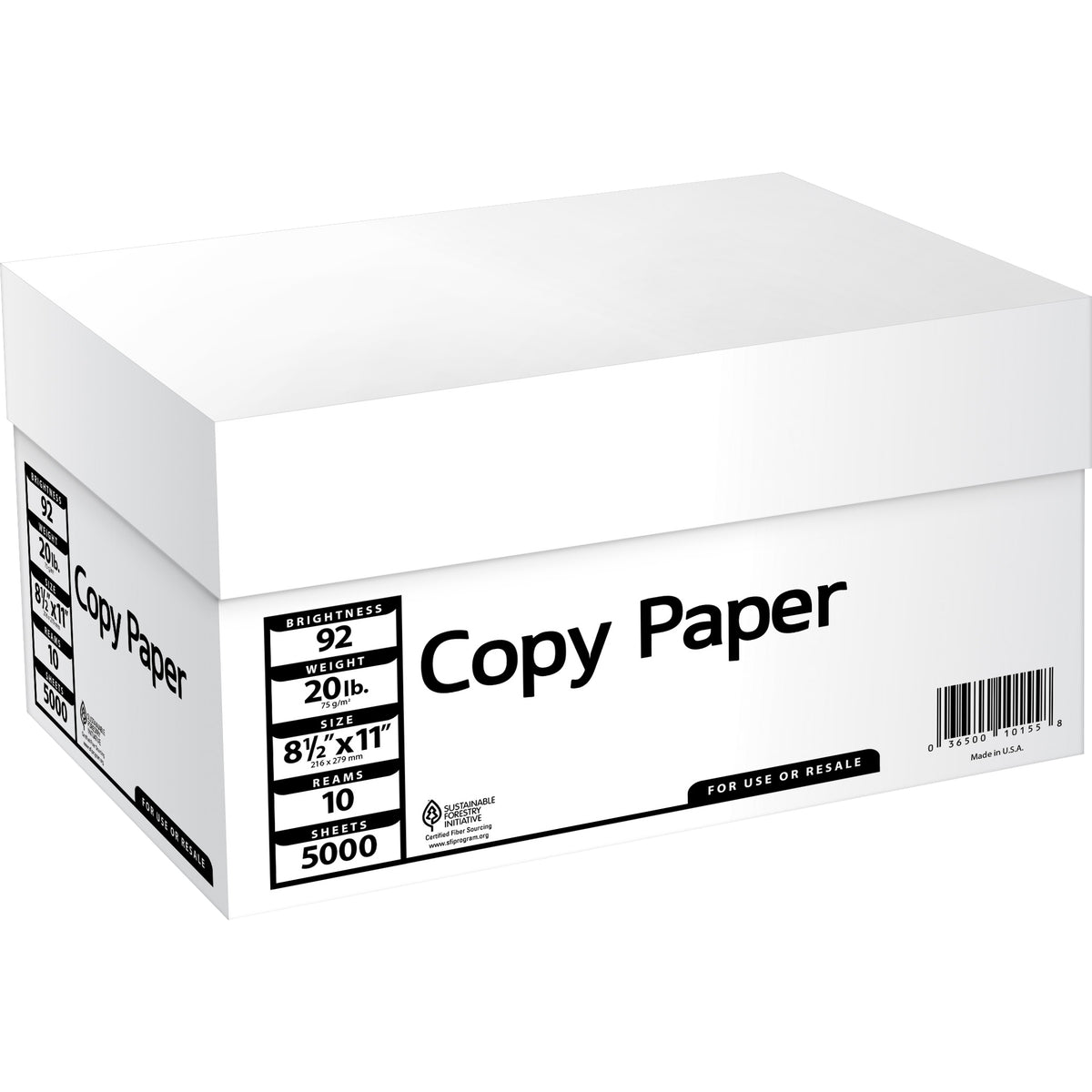 Multipurpose Copy Paper, 92 Bright, 20 lb, White, 8-1/2" x 11", 10 Reams, 5000 Sheets - product image 1