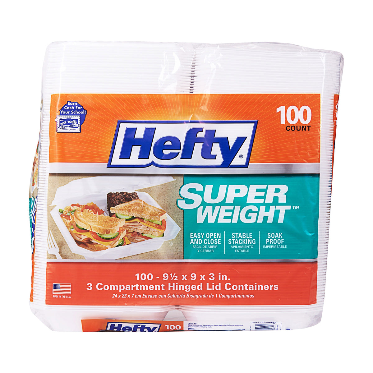 Hefty Foam Super Weight 3-Compartment Container, 9"W x 9"L, White, 100 ct - product image 2