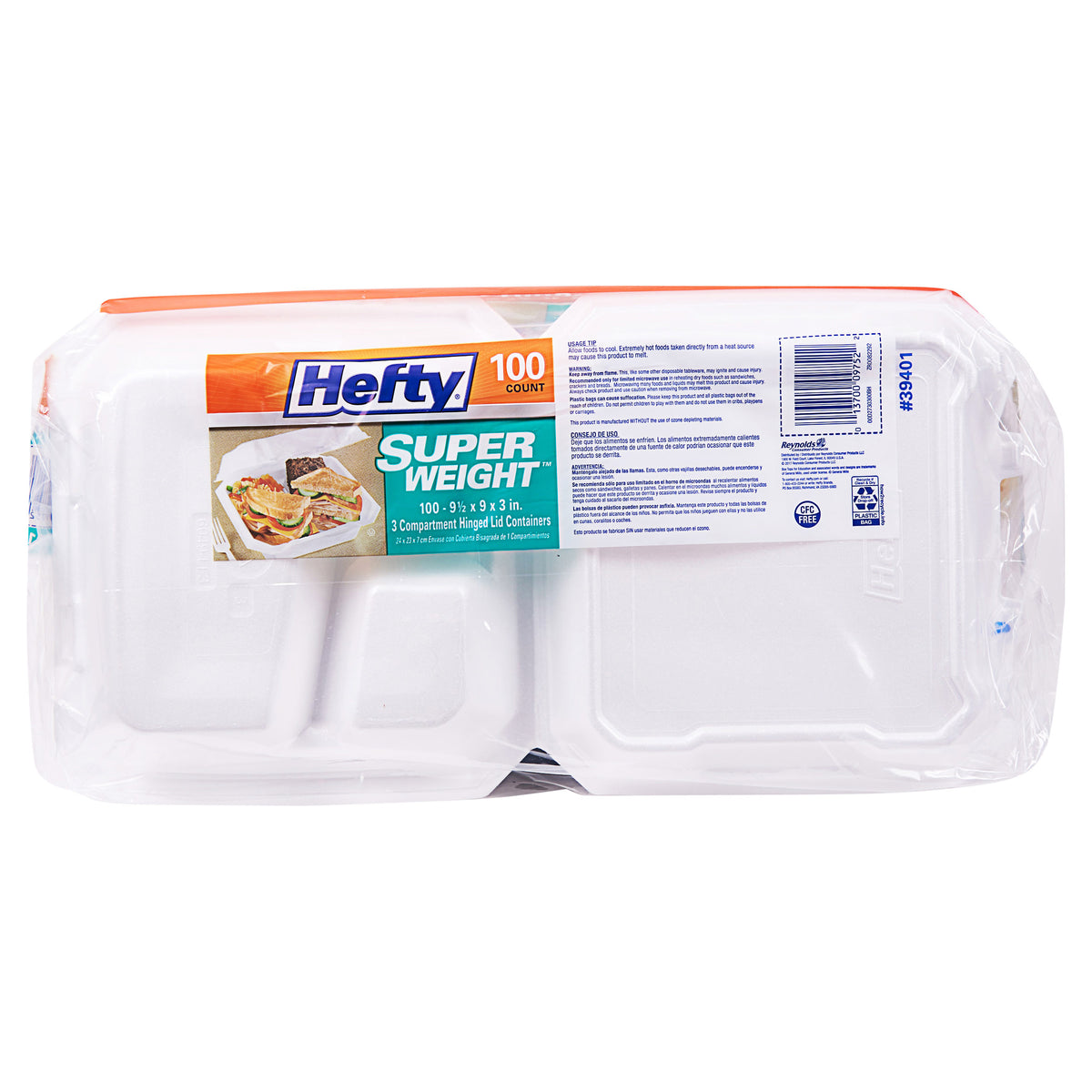 Hefty Foam Super Weight 3-Compartment Container, 9"W x 9"L, White, 100 ct - product image 3