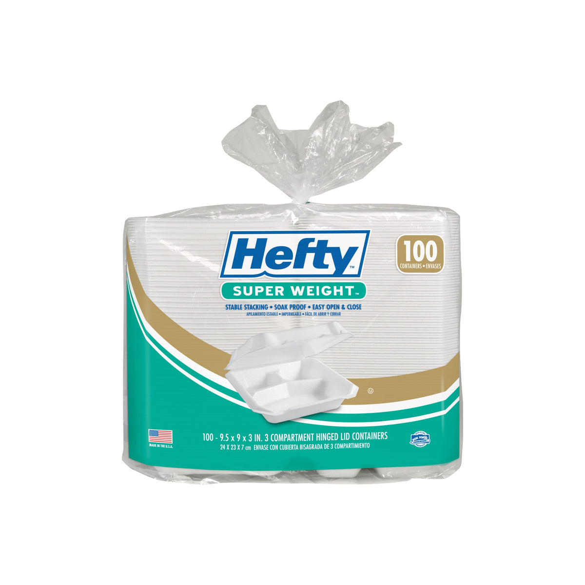 Hefty Foam Super Weight 3-Compartment Container, 9"W x 9"L, White, 100 ct - product image 1