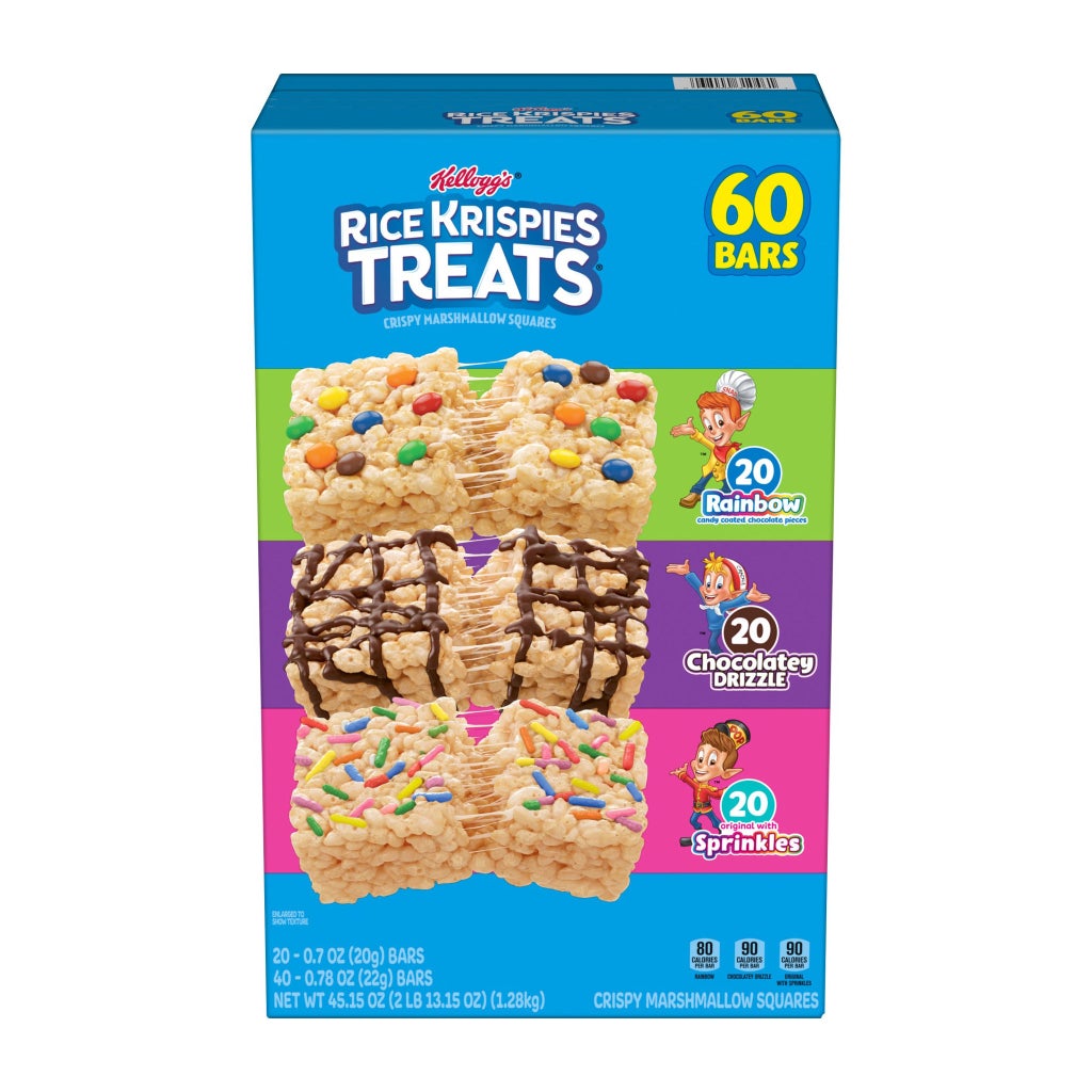 Rice Krispies Treats 60-bar carton: 20 Rainbow, 20 Chocolatey Drizzle and 20 Original with Sprinkles