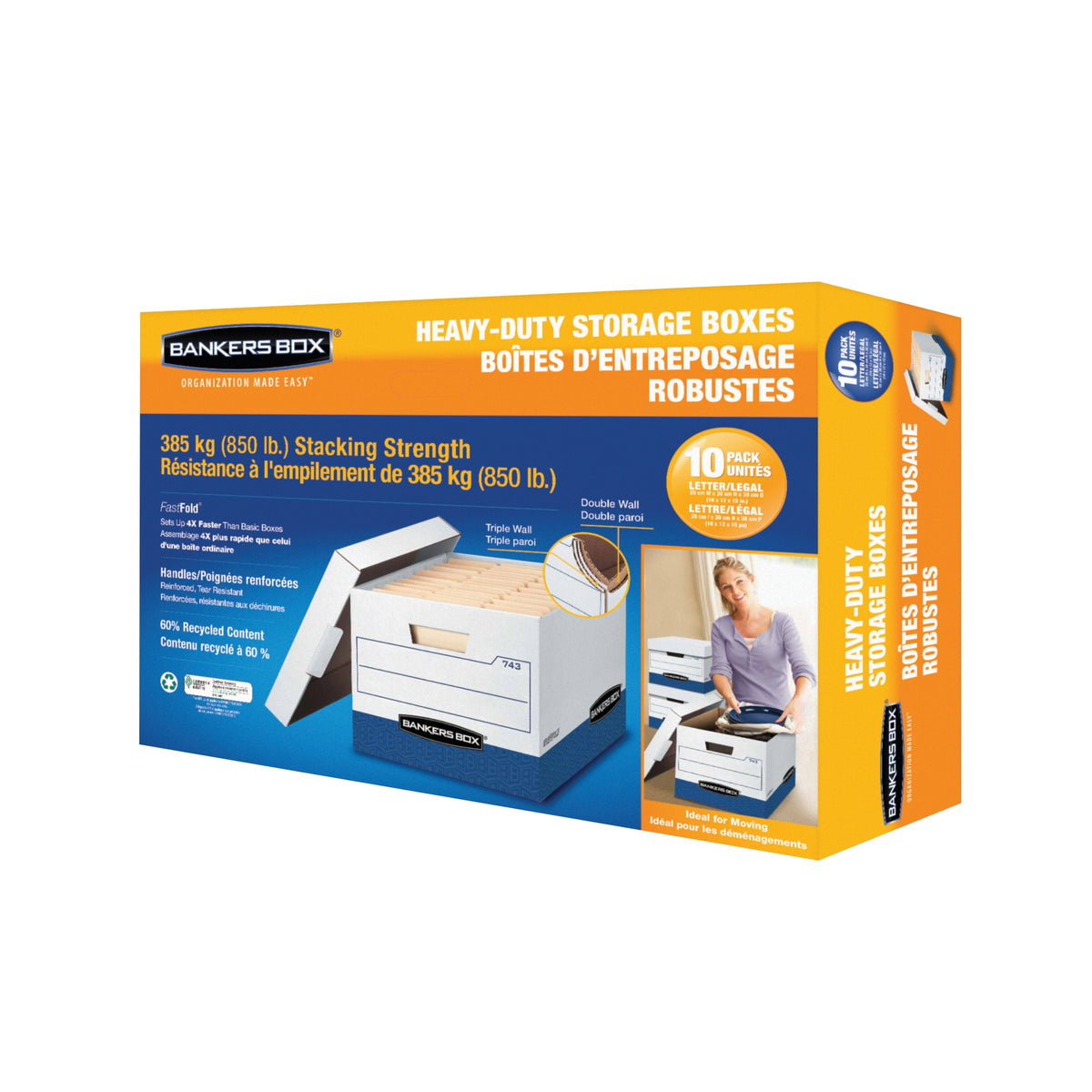 Bankers Box FastFold Storage Box, Heavy Duty, Lift-Off Lid, Letter/Legal, Blue/White, 10 ct - product image 2