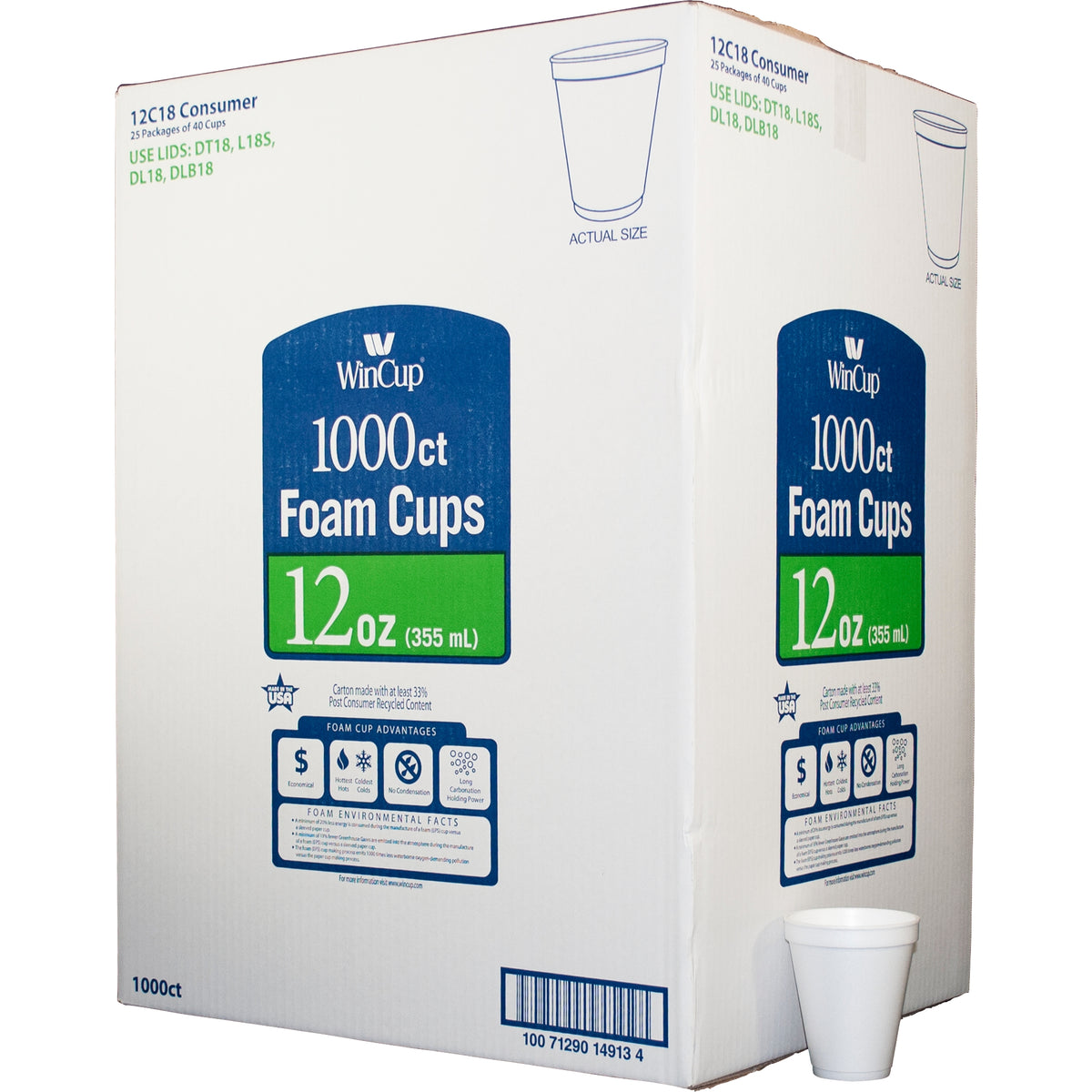 WinCup Foam Cold and Hot Cups, 12 oz, White, 1000 ct - product image 1