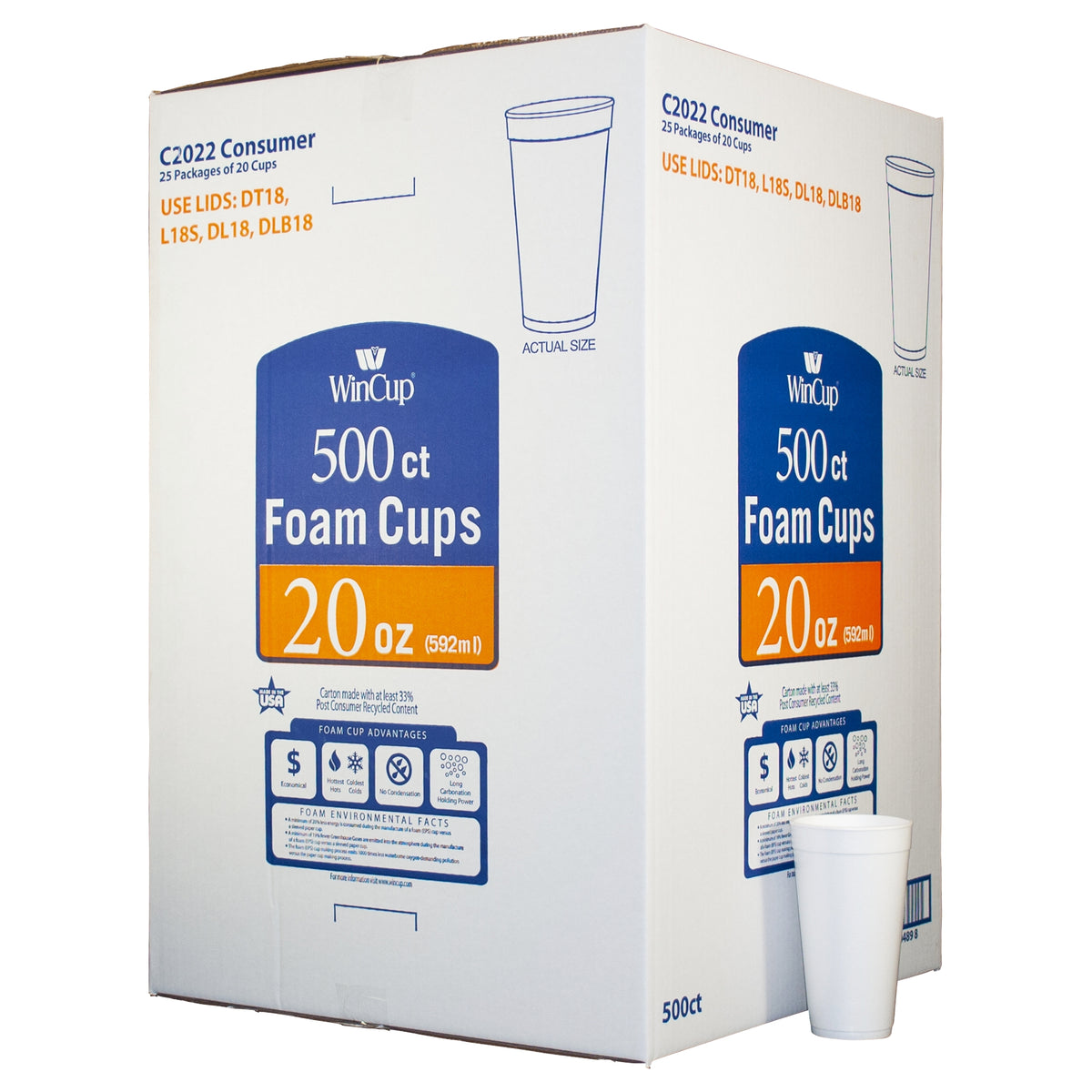 WinCup Foam Cold and Hot Cups, 20 oz, White, 500 ct - product image 1