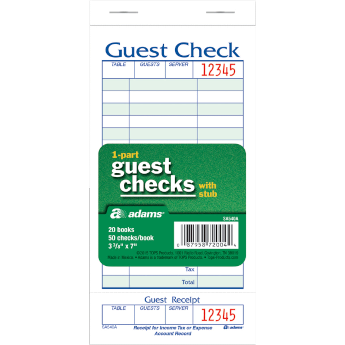 Adams Guest Checks with Stub, 3-3/8" x 7", 20 ct - product image 1