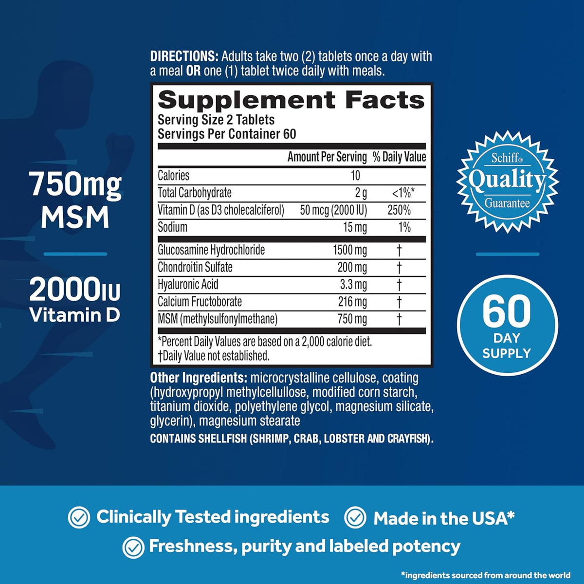 Advanced Glucosamine Chondroitin MSM + Vitamin D3 Joint Support Supplement, Supports Mobility Comfort Strength Flexibility & Bone + Immune Health - 120 Tablets (60 Servings)*