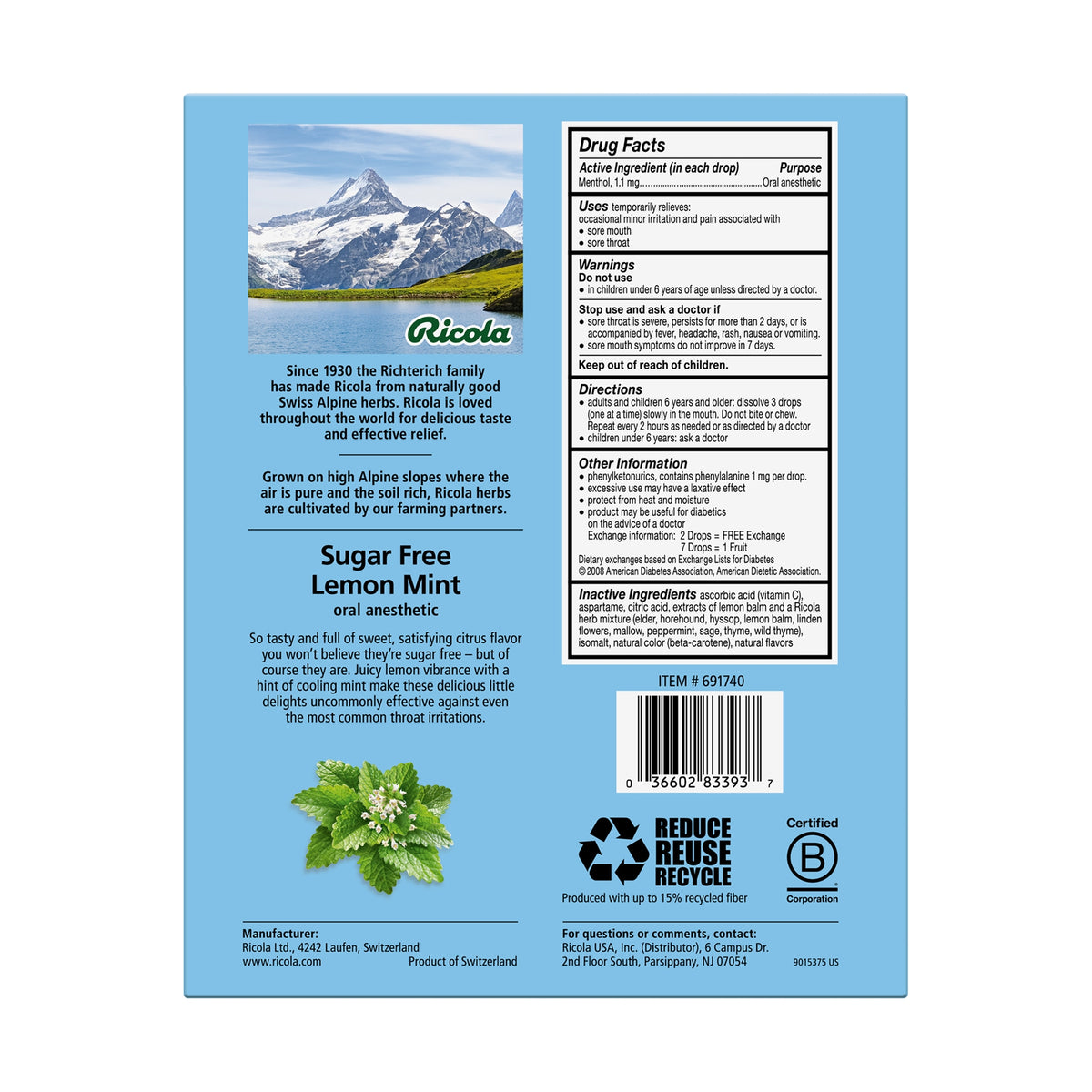 Ricola Sugar Free Lemon Mint Herb Throat Drops, 105 Drops, 2 ct - product image 3